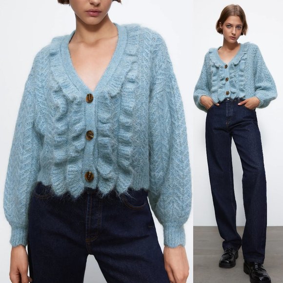 Zara Sweaters - NEW Zara Blue Ruffle Alpaca Wool V Neck Cardigan